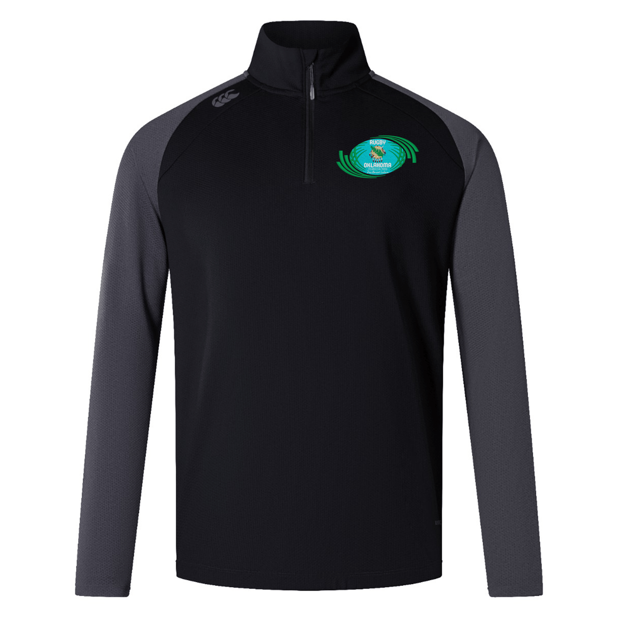 Black and gray quarter-zip Rugby Oklahoma Elite First Layer training attire with an embroidered crest on the left chest, featuring moisture-wicking VapoDri technology by EMB Canterbury.
