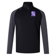 A black and gray long-sleeved sports top with a purple and white crest on the left chest, featuring moisture-wicking VapoDri technology, is the Winona State University Women's Elite First Layer by Canterbury by EMB Canterbury.