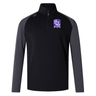 A black and gray long-sleeved sports top with a purple and white crest on the left chest, featuring moisture-wicking VapoDri technology, is the Winona State University Women's Elite First Layer by Canterbury by EMB Canterbury.