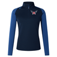 A University of Southern Indiana Women's Elite First Layer by Canterbury, long-sleeve, navy blue and blue athletic pullover crafted from recycled polyester with a quarter-zipper and an embroidered "OSJ" emblem on the left chest by EMB Canterbury.