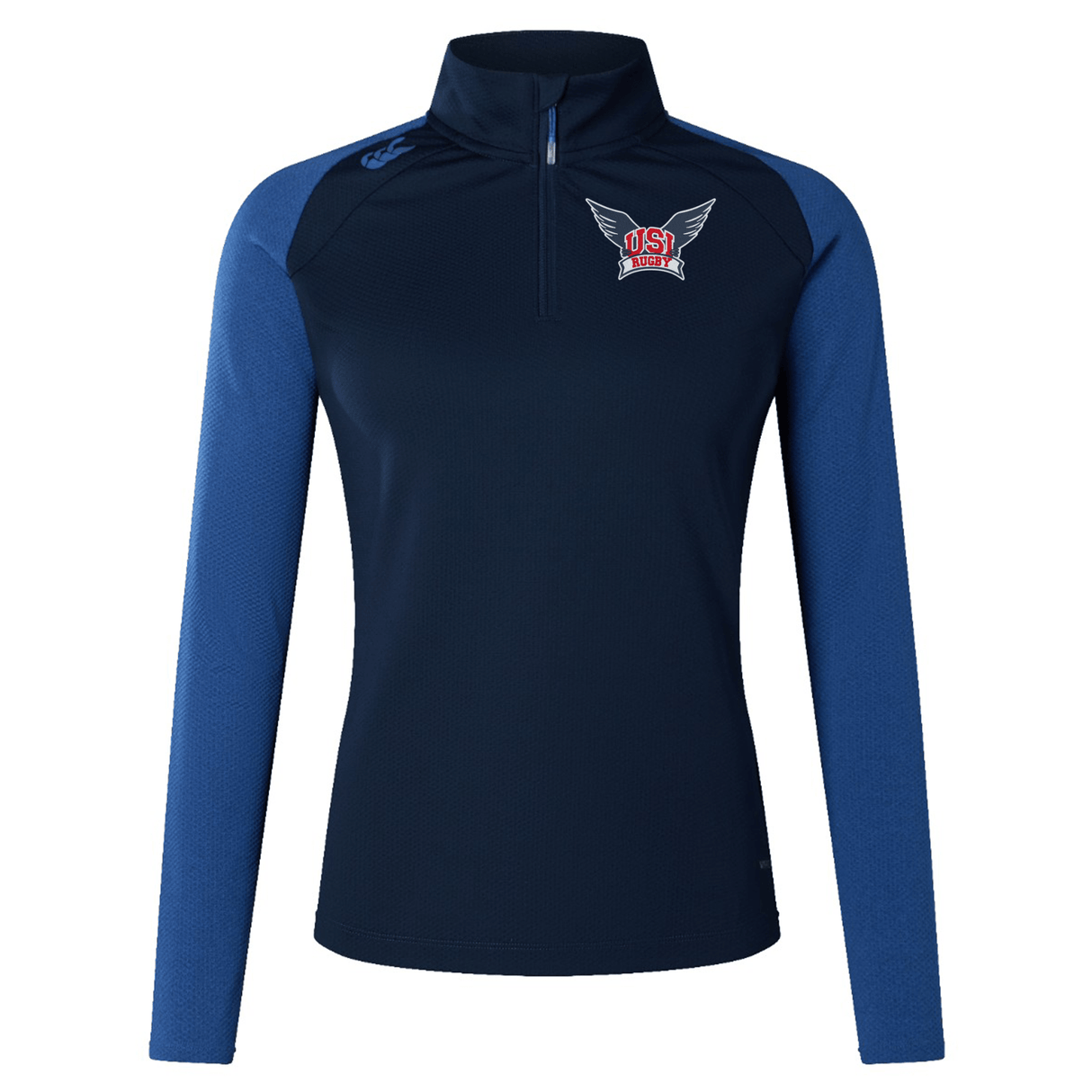 A University of Southern Indiana Women's Elite First Layer by Canterbury, long-sleeve, navy blue and blue athletic pullover crafted from recycled polyester with a quarter-zipper and an embroidered "OSJ" emblem on the left chest by EMB Canterbury.
