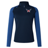 A University of Southern Indiana Women's Elite First Layer by Canterbury, long-sleeve, navy blue and blue athletic pullover crafted from recycled polyester with a quarter-zipper and an embroidered "OSJ" emblem on the left chest by EMB Canterbury.