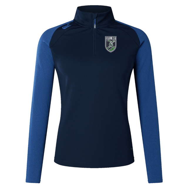 Dark blue Seattle Rugby Club Women's Elite First Layer quarter-zip training top with long sleeves and a crest on the left chest, featuring VapoDri technology, isolated on a white background by EMB Canterbury.