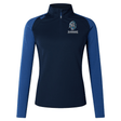 The Syracuse Silverbacks Women's Elite First Layer by EMB Canterbury, navy with blue sleeves, features a quarter-zip neckline and a printed emblem of a lion's head and the text "Silverbacks Super Sevens Rugby." Crafted from honeycomb fabric with VapoDri technology, this piece ensures optimal performance and comfort.