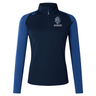 The Syracuse Silverbacks Women's Elite First Layer by EMB Canterbury, navy with blue sleeves, features a quarter-zip neckline and a printed emblem of a lion's head and the text "Silverbacks Super Sevens Rugby." Crafted from honeycomb fabric with VapoDri technology, this piece ensures optimal performance and comfort.