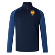 Cincinnati Classical Academy Elite First Layer quarter-zip pullover by EMB Canterbury with a contrasting light blue sleeve design and a yellow emblem on the left chest area.