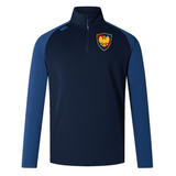 Cincinnati Classical Academy Elite First Layer quarter-zip pullover by EMB Canterbury with a contrasting light blue sleeve design and a yellow emblem on the left chest area.