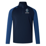 A navy blue and dark blue long-sleeve sports jacket with a half-zip, featuring the Silverbacks Rugby logo on the left chest. This Syracuse Silverbacks Elite First Layer by Canterbury integrates VapoDri technology for optimal comfort during rugby training sessions by EMB Canterbury.