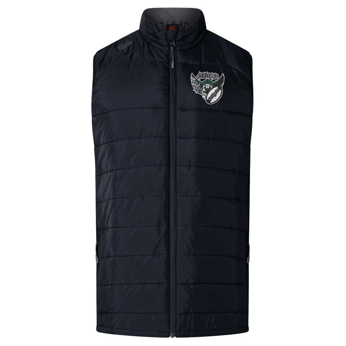 Black padded Chicago Valkyries Elite Microlite Gilet by EMB Canterbury with a zipper and a logo on the left chest, displayed against a white background.