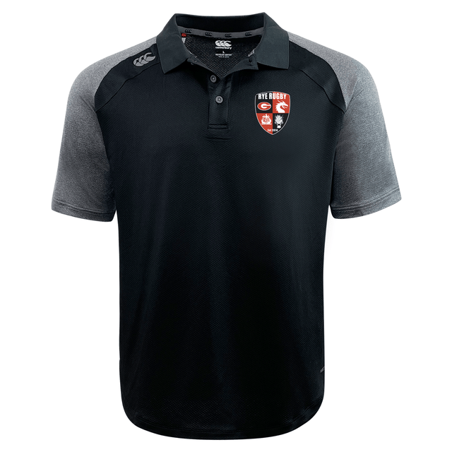 Black Rye High School Rugby Elite Polo by EMB Canterbury with a collar and embroidered logos, designed with Vapodri fabrics.