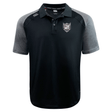 Black and grey Troy University Rugby Elite Polo by Canterbury shirt with a collar and a shield emblem on the left chest, displayed on a plain background.