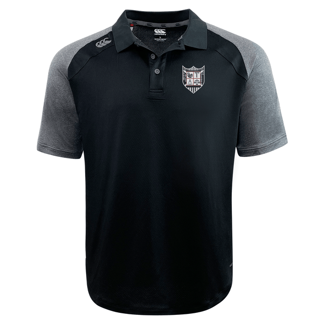 Black and grey Troy University Rugby Elite Polo by Canterbury shirt with a collar and a shield emblem on the left chest, displayed on a plain background.