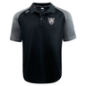 Black and grey Troy University Rugby Elite Polo by Canterbury shirt with a collar and a shield emblem on the left chest, displayed on a plain background.