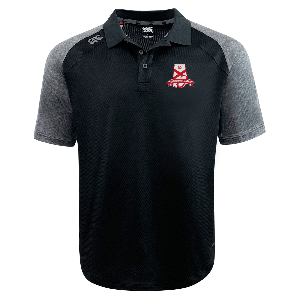 Alabama Rugby Alliance Elite Polo shirt by EMB Canterbury, with a polo collar, featuring a red and white team logo on the left chest and a sportswear brand logo on the right.
