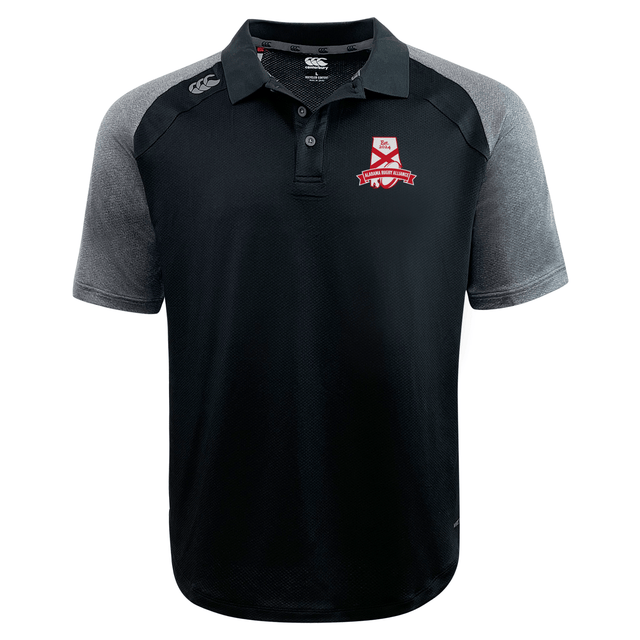 Alabama Rugby Alliance Elite Polo shirt by EMB Canterbury, with a polo collar, featuring a red and white team logo on the left chest and a sportswear brand logo on the right.