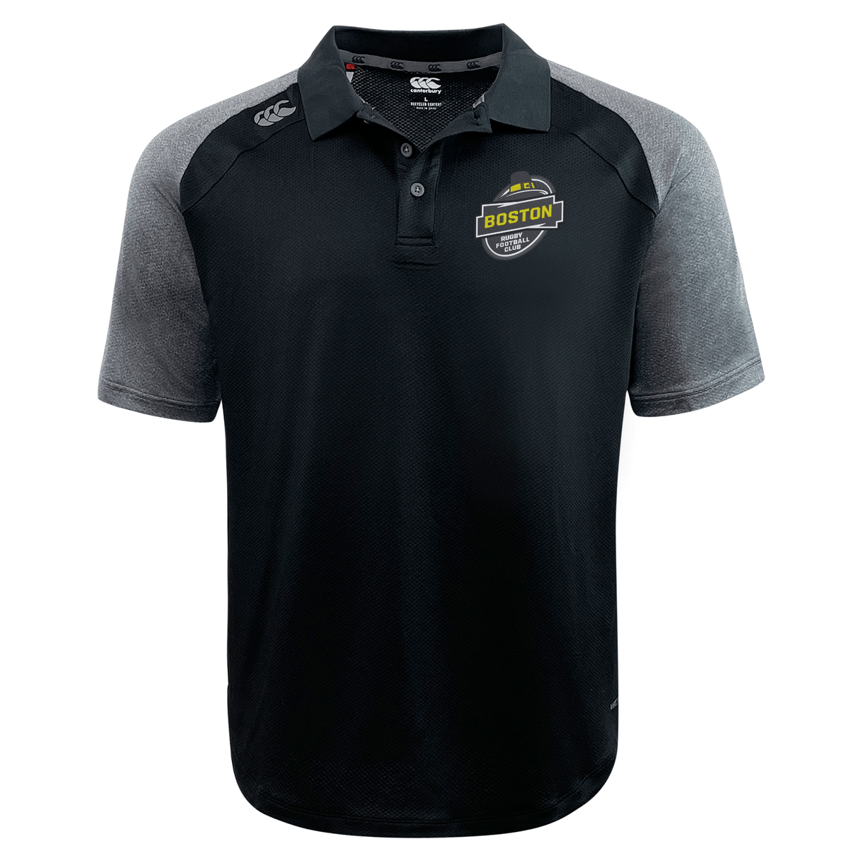 Bi-color polo shirt with a collar, featuring a 'Boston RFC Elite Polo by Canterbury' emblem and the EMB Canterbury logo on the chest.
