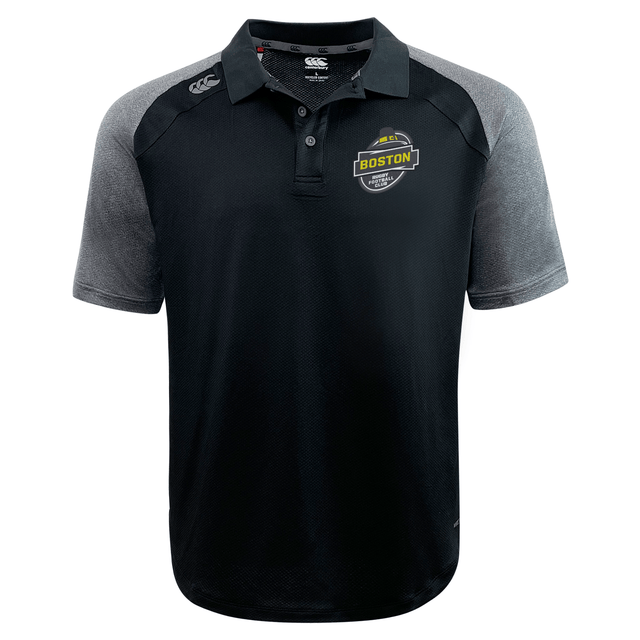 Bi-color polo shirt with a collar, featuring a 'Boston RFC Elite Polo by Canterbury' emblem and the EMB Canterbury logo on the chest.