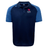 A short-sleeve navy blue and light blue Rugby East Conference Elite Polo by Canterbury with "RUGBY EAST" and an eagle logo on the left chest, featuring a 3-button polo collar and EMB Canterbury logos on the collar and right shoulder. Made from lightweight and durable Vapodri fabrics for added comfort.