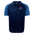 A short-sleeve navy blue and light blue Rugby East Conference Elite Polo by Canterbury with "RUGBY EAST" and an eagle logo on the left chest, featuring a 3-button polo collar and EMB Canterbury logos on the collar and right shoulder. Made from lightweight and durable Vapodri fabrics for added comfort.
