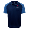 A short-sleeve navy blue and light blue Rugby East Conference Elite Polo by Canterbury with "RUGBY EAST" and an eagle logo on the left chest, featuring a 3-button polo collar and EMB Canterbury logos on the collar and right shoulder. Made from lightweight and durable Vapodri fabrics for added comfort.