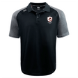 The West Potomac RFC Elite Polo by EMB Canterbury features dark gray sleeves, a buttoned collar, and a red and white shield logo. Made with Vapodri fabric for lightweight comfort.