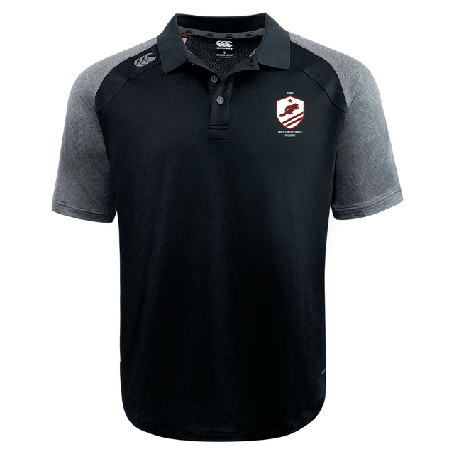 The West Potomac RFC Elite Polo by EMB Canterbury features dark gray sleeves, a buttoned collar, and a red and white shield logo. Made with Vapodri fabric for lightweight comfort.