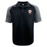 The West Potomac RFC Elite Polo by EMB Canterbury features dark gray sleeves, a buttoned collar, and a red and white shield logo. Made with Vapodri fabric for lightweight comfort.