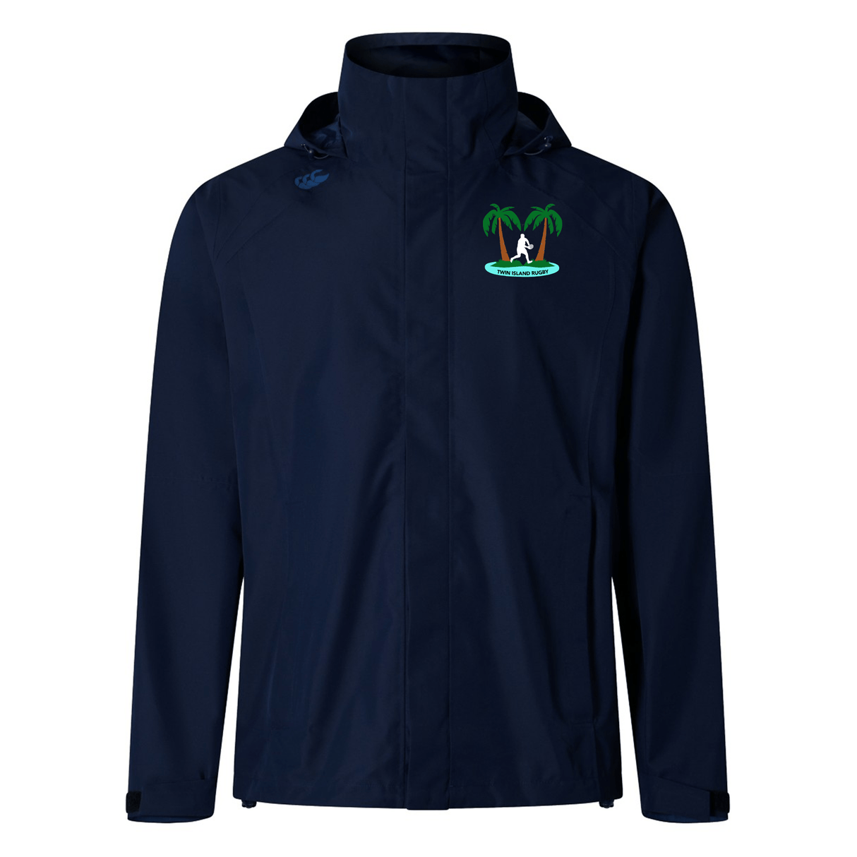 Navy blue waterproof jacket with a front zipper and a small green logo featuring a palm tree on an island on the left chest area - Twin Island Rugby Elite Storm Jacket by EMB Canterbury.
