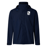 Navy blue waterproof Rugby Football Club at Christopher Newport University Elite Storm jacket with a logo on the left chest and a high collar, displayed against a plain white background by EMB Canterbury.