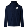 Navy blue waterproof Rugby Football Club at Christopher Newport University Elite Storm jacket with a logo on the left chest and a high collar, displayed against a plain white background by EMB Canterbury.