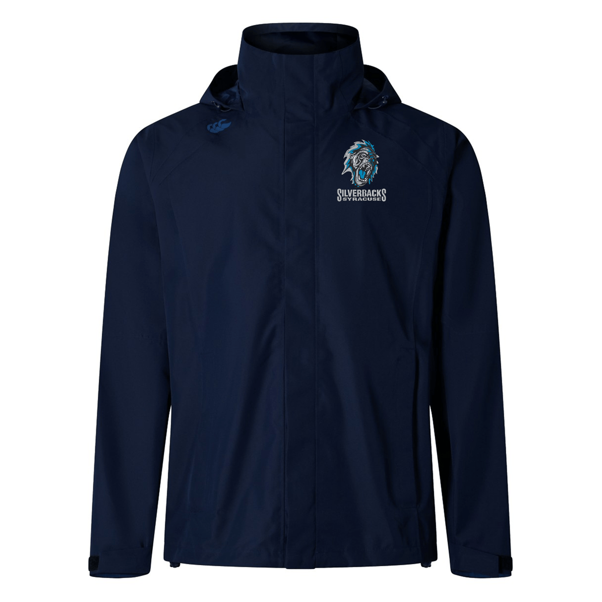Navy blue waterproof jacket with a hood, front zipper closure, and Vaposhield performance. Crafted from premium outdoor specialist fabrics, it features the "Syracuse Silverbacks Elite Storm Jacket by Canterbury" logo on the left chest.