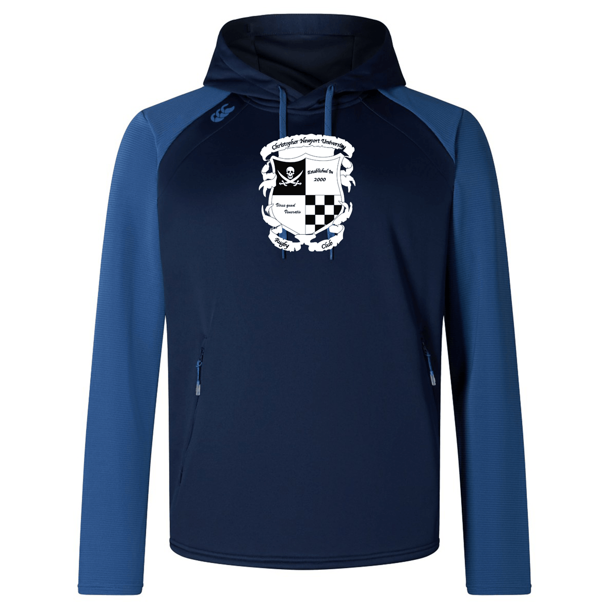 Navy blue overhead hoodie featuring a white and gray emblem on the chest that includes a checkered border and chess piece motifs from WRS Canterbury Rugby Football Club at Christopher Newport University Elite Training Hoody.