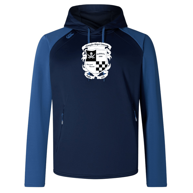Navy blue overhead hoodie featuring a white and gray emblem on the chest that includes a checkered border and chess piece motifs from WRS Canterbury Rugby Football Club at Christopher Newport University Elite Training Hoody.