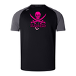 Black and gray SUNY Maritime Elite Training Tee by WRS Canterbury sports t-shirt with a pink skull and crossed swords logo and the word "mariners" on the front.