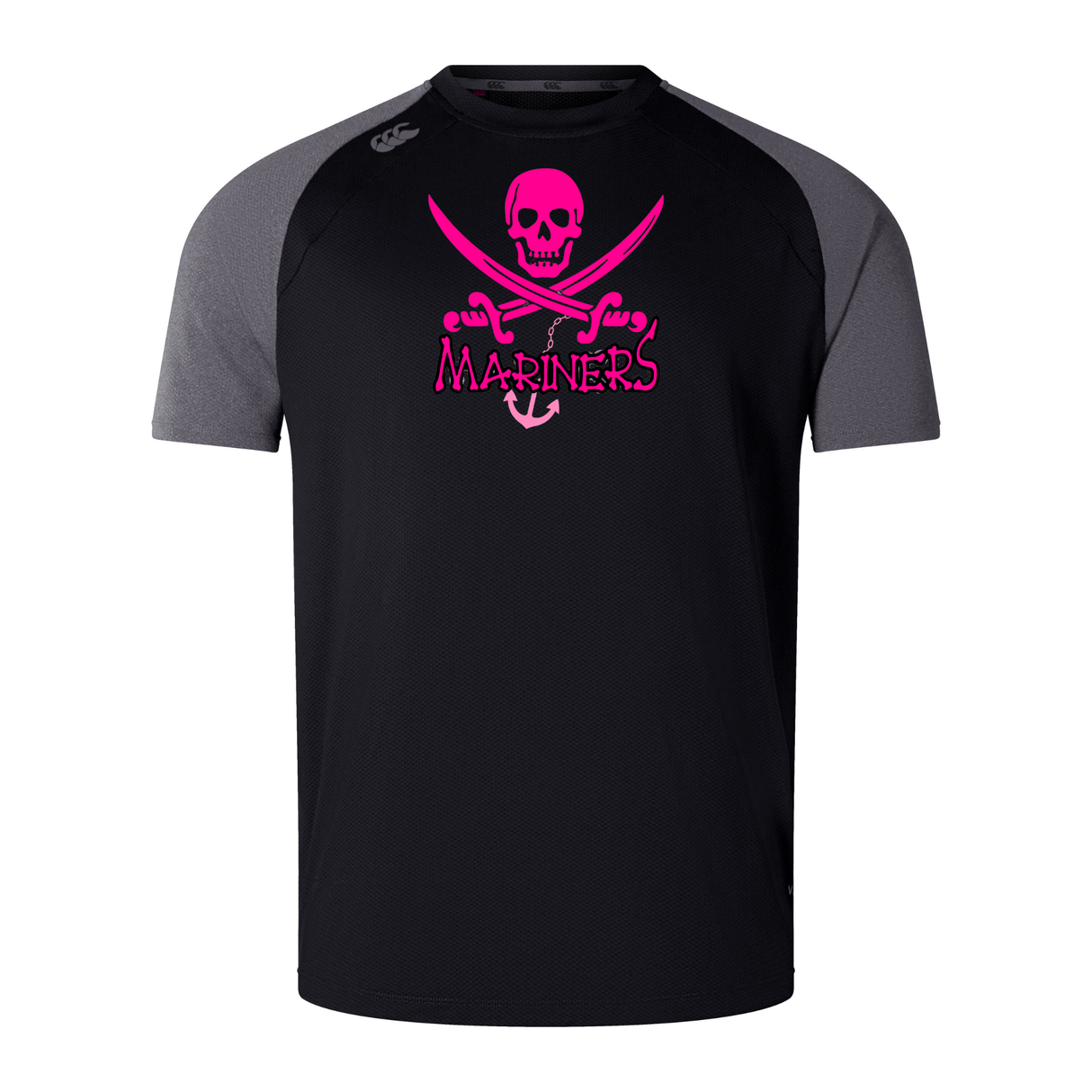 Black and gray SUNY Maritime Elite Training Tee by WRS Canterbury sports t-shirt with a pink skull and crossed swords logo and the word "mariners" on the front.