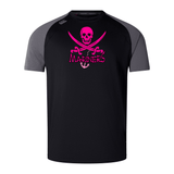 Black and gray SUNY Maritime Elite Training Tee by WRS Canterbury sports t-shirt with a pink skull and crossed swords logo and the word "mariners" on the front.