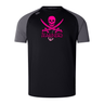 Black and gray SUNY Maritime Elite Training Tee by WRS Canterbury sports t-shirt with a pink skull and crossed swords logo and the word "mariners" on the front.