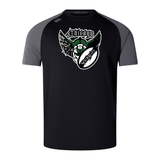 Black and gray athletic t-shirt crafted from lightweight and durable Vapodri fabrics, featuring a "Chicago Valkyries Elite Training Tee" logo with a winged creature on the chest.