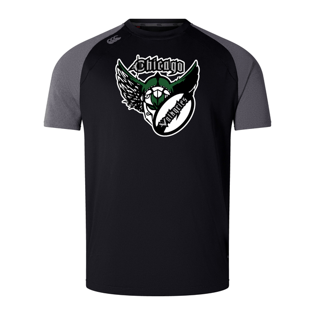 Black and gray athletic t-shirt crafted from lightweight and durable Vapodri fabrics, featuring a "Chicago Valkyries Elite Training Tee" logo with a winged creature on the chest.