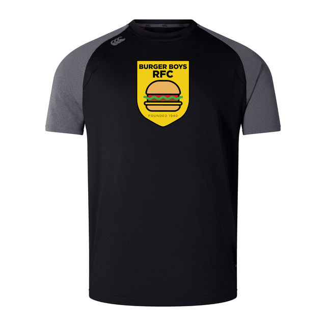 Black and gray WRS Canterbury Burger Boys RFC Elite Training Tee with the logo "Burger Boys RFC" and a burger image, labeled "Founded 1960".