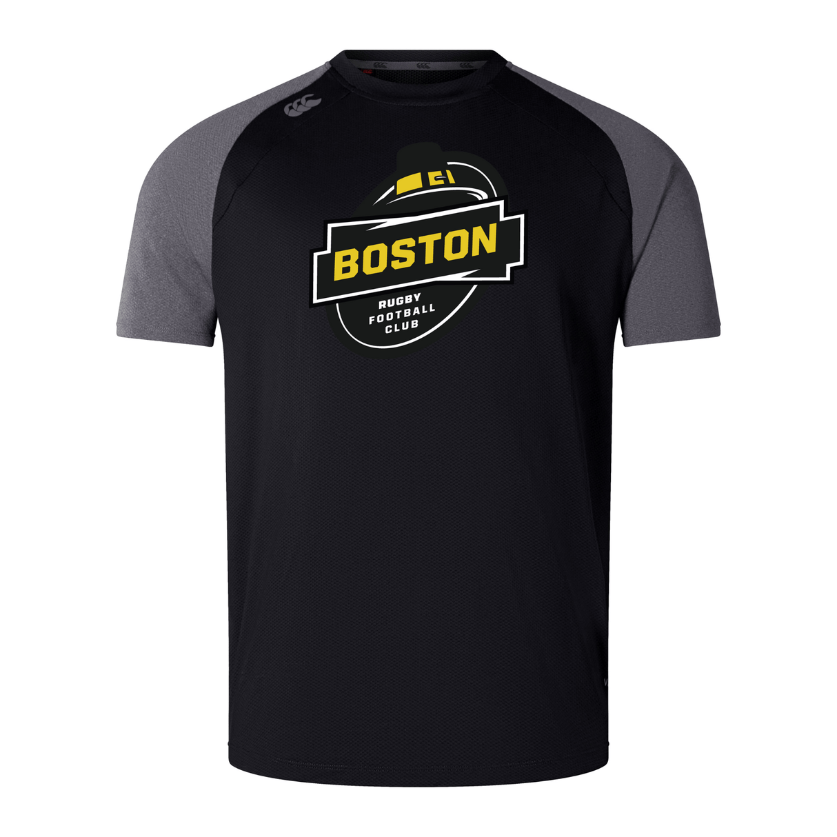 Black and gray bi-color Boston Rugby Football Club jersey with team logo displayed on the front - Boston RFC Elite Training Tee by WRS Canterbury.