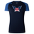 A navy blue and blue short-sleeve t-shirt, crafted from lightweight fabric, featuring a "USA Rugby" logo with wings on the chest. This stylish piece is part of the University of Southern Indiana Women's Elite Training Tee collection by WRS Canterbury and incorporates Vapodri technology for optimal performance.