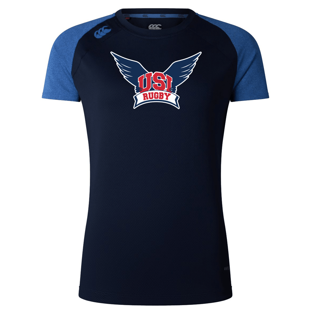 A navy blue and blue short-sleeve t-shirt, crafted from lightweight fabric, featuring a "USA Rugby" logo with wings on the chest. This stylish piece is part of the University of Southern Indiana Women's Elite Training Tee collection by WRS Canterbury and incorporates Vapodri technology for optimal performance.
