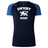 Navy blue rugby shirt with blue sleeves, featuring the text "DWIGHT RUGBY" and a graphic of a lion in the center. This Dwight Rugby White Logo Women's Elite Training Tee by Canterbury combines style and performance effortlessly.