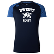 Navy blue rugby shirt with blue sleeves, featuring the text "DWIGHT RUGBY" and a graphic of a lion in the center. This Dwight Rugby White Logo Women's Elite Training Tee by Canterbury combines style and performance effortlessly.
