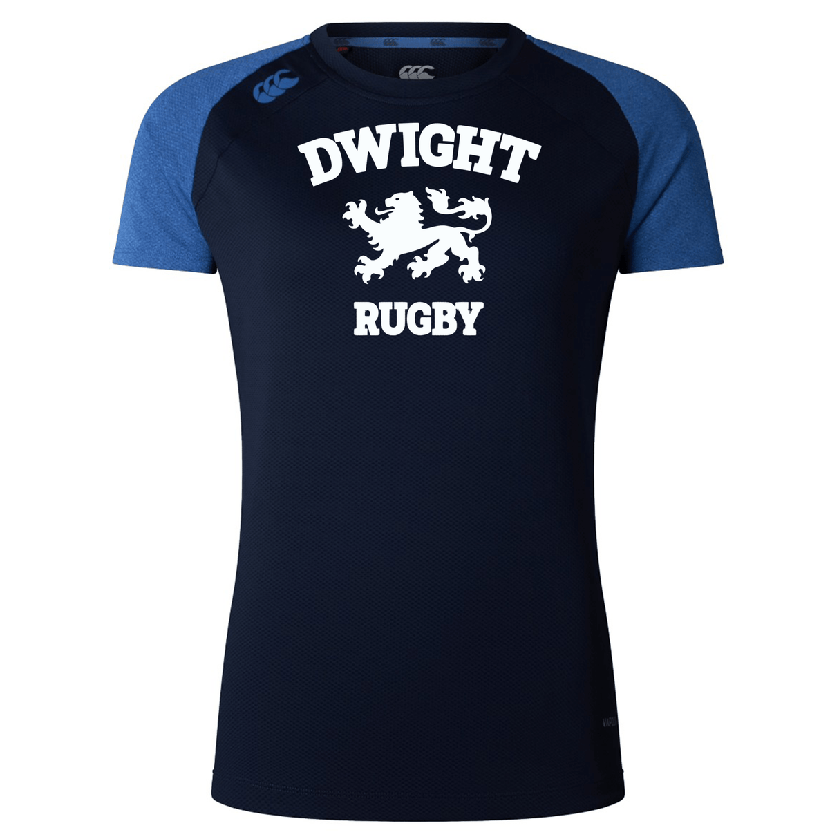 Navy blue rugby shirt with blue sleeves, featuring the text "DWIGHT RUGBY" and a graphic of a lion in the center. This Dwight Rugby White Logo Women's Elite Training Tee by Canterbury combines style and performance effortlessly.