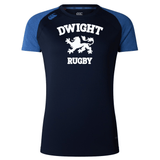 Navy blue rugby shirt with blue sleeves, featuring the text "DWIGHT RUGBY" and a graphic of a lion in the center. This Dwight Rugby White Logo Women's Elite Training Tee by Canterbury combines style and performance effortlessly.
