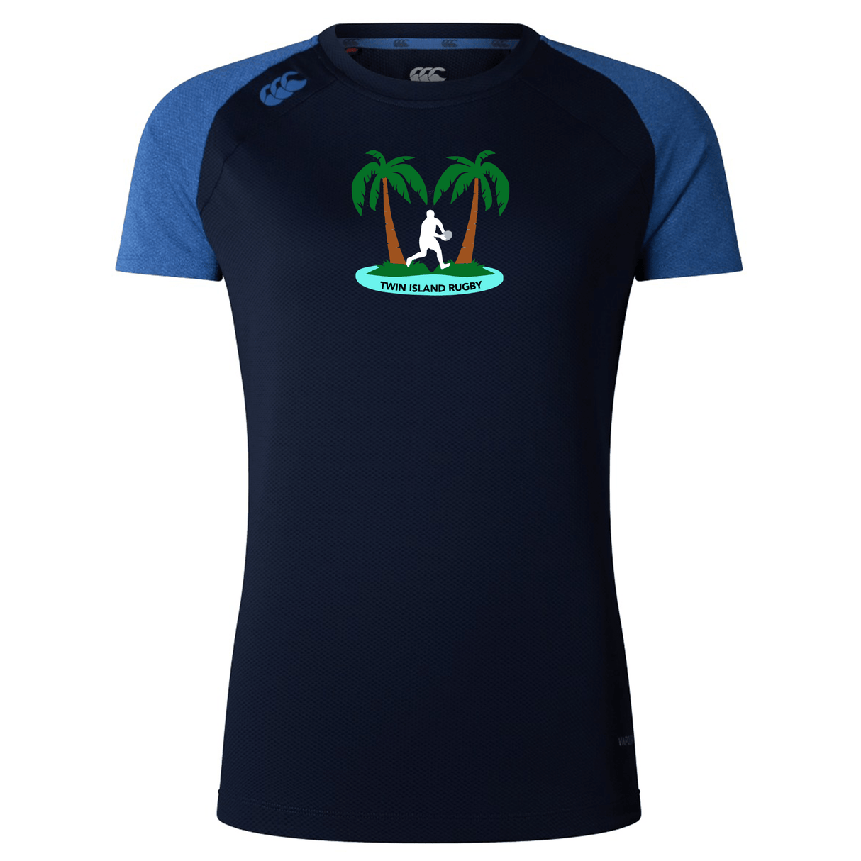Navy blue and blue women's training tee with "Twin Island Rugby" and palm tree logo on the chest, crafted from lightweight fabric. Created by WRS Canterbury, the Twin Island Rugby Women's Elite Training Tee is a must-have for your workout wardrobe.
