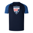 A navy-blue Cincinnati Rookie Rugby Elite Training Tee by Canterbury with blue sleeves, featuring the "Rookie Rugby Cincinnati" logo on the chest. Made from lightweight and durable Vapodri fabrics, it's perfect for both training and casual wear.