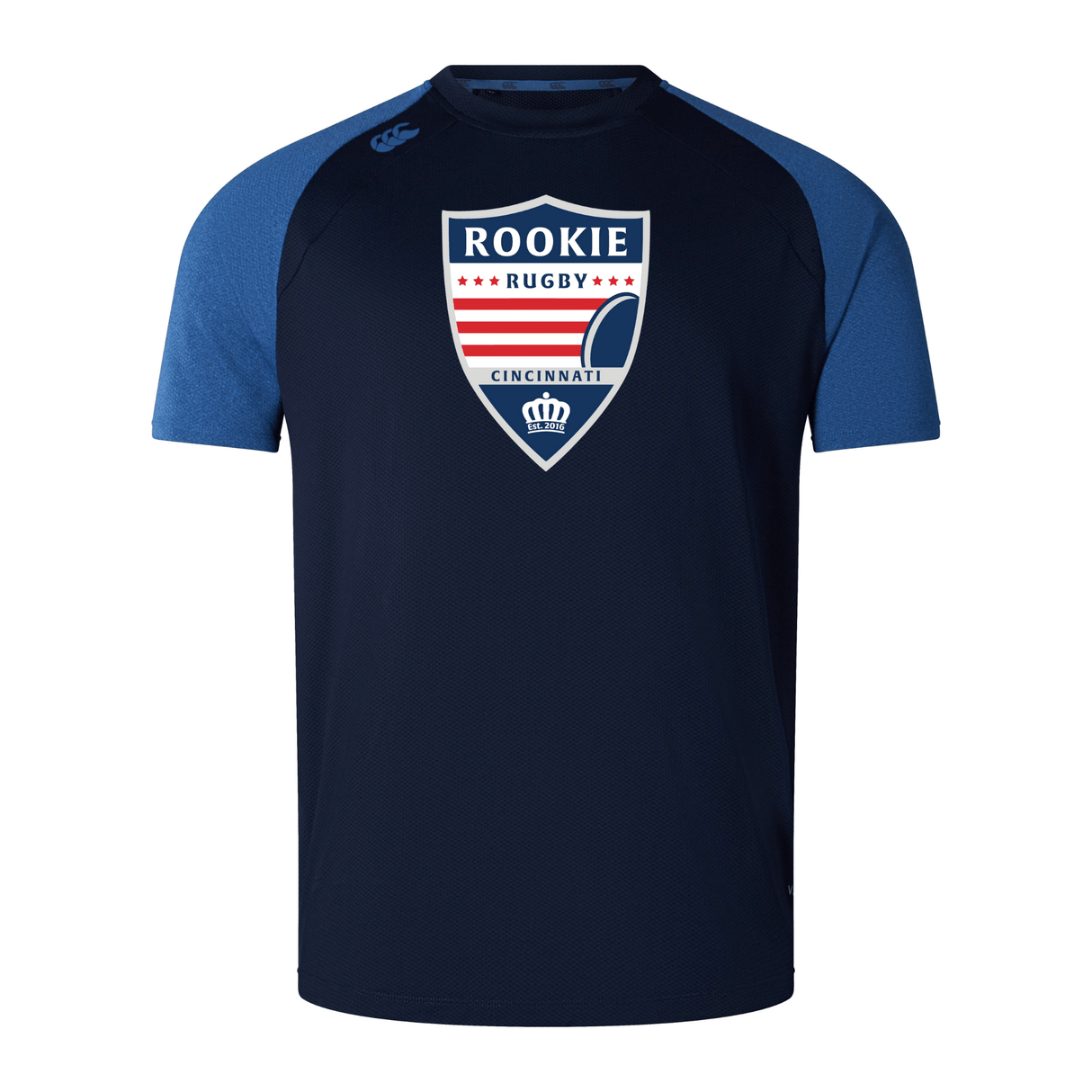 A navy-blue Cincinnati Rookie Rugby Elite Training Tee by Canterbury with blue sleeves, featuring the "Rookie Rugby Cincinnati" logo on the chest. Made from lightweight and durable Vapodri fabrics, it's perfect for both training and casual wear.